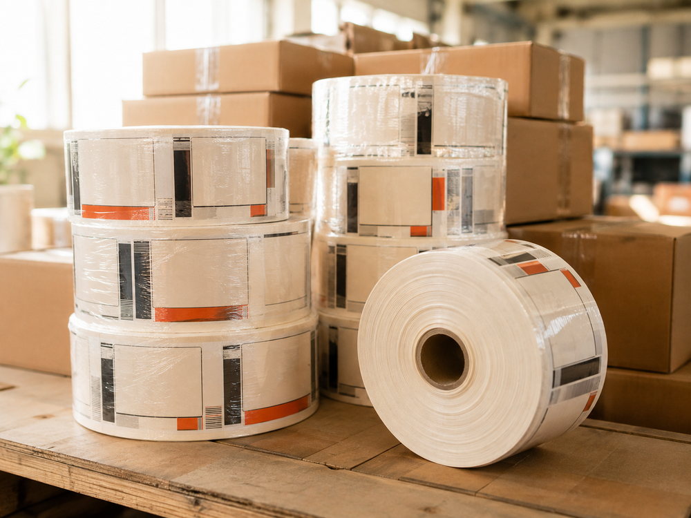 Finished label rolls packed for dispatch