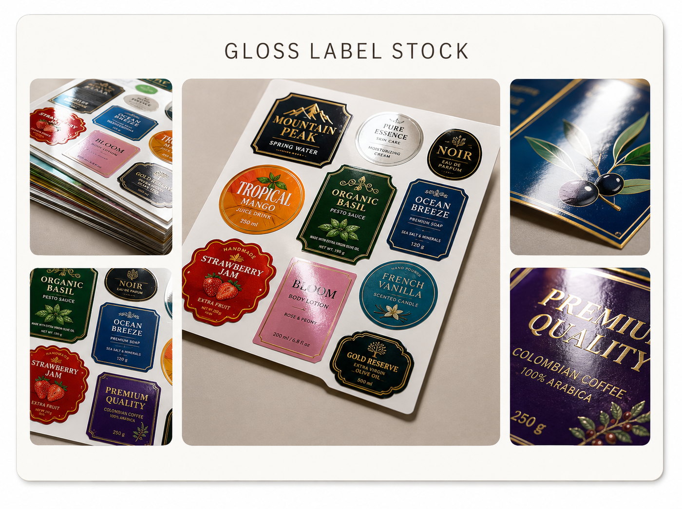 Gloss label stock specimens
